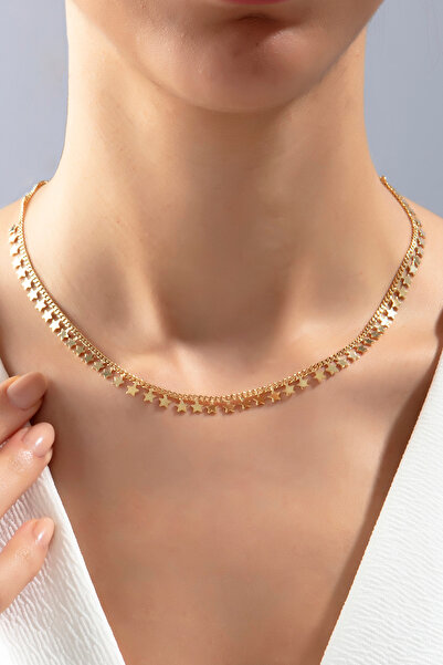 SARIASLAN Yıldız Pullu Gurmet Zincirli Gümüş Kolye 14 Ayar Altın Rengi