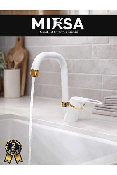 MİXSA Lüx Beyaz-Gold Köşe Borulu Banyo Lavabo Bataryası, Musluğu, Çift Su Gir...