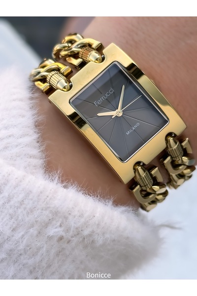 Ferrucci في علبة أنيقة، علبة كبيرة مستطيلة الشكل VIP، سلسلة فولاذية، ساعة يد نسائية باللون الأصفر