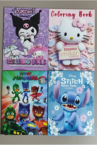 ada çanta kırtasiye 4 adet stickerli boyama kitabı (Kuromi(K)/Hello kitty/capybara/stitch) AD67004