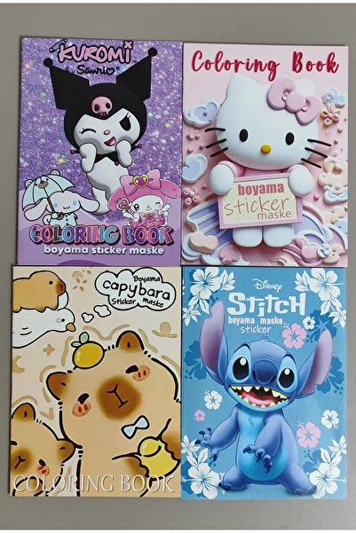 ada çanta kırtasiye 4 adet stickerli boyama kitabı (Kuromi(K)/Hello kitty/cap...