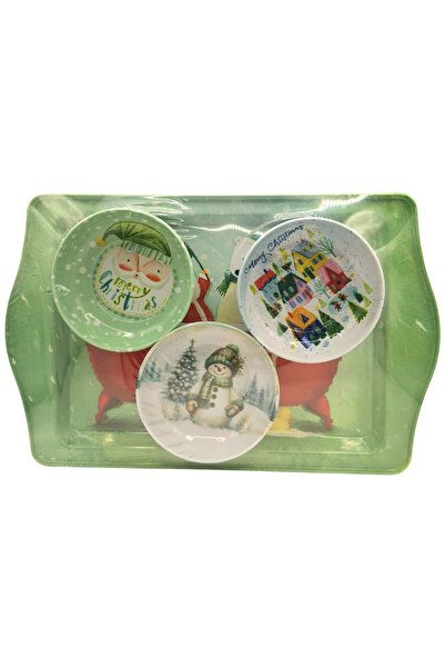 Goshıkı Winter Themed Christmas Patterned Metal Snack Bowl Set with Tray