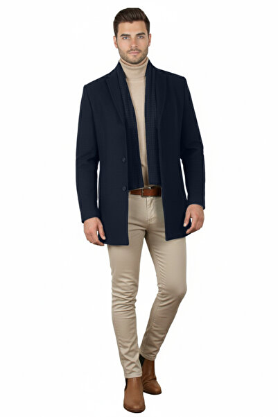 DeepSEA Navy Blue Regular Fit Detachable Collar Knit Collar Men's Cashmere Coat – Buttoned • Single Slit – 2407000