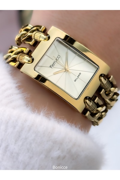 Ferrucci في علبة أنيقة، علبة كبيرة مستطيلة الشكل VIP، سلسلة فولاذية، ساعة يد نسائية باللون الأصفر