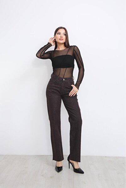 miday High Waist Brown Straight Jeans