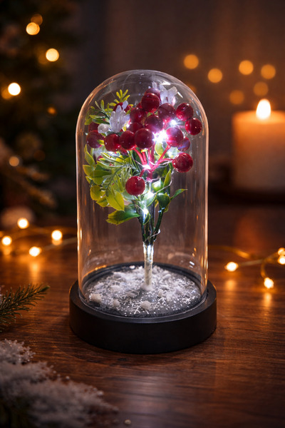 Bioren Kokina Çiçekli Kış Temalı Işıklı Hediyelik Fanus - Özel Gün Hediyeleri