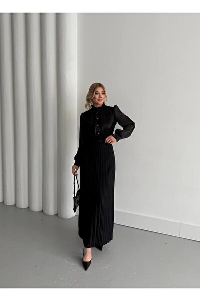 asyadabutik Women's Glitter Fabric Ribbon and Lace Detailed Lined Dress