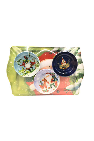 Goshıkı Santa Claus & Snowman Patterned Metal Snack Bowl Set with Tray