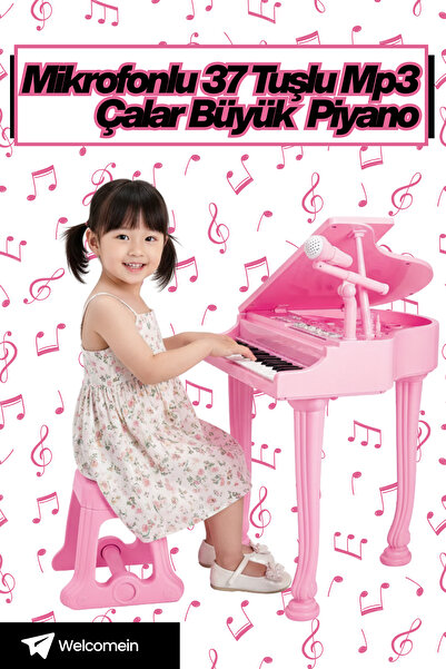 welcomein Mikrofonlu 37 Tuşlu Işıklı Dijital Piyano MP3 Çalarlı Tabureli Büyük Siyah Müzik Oyuncağı