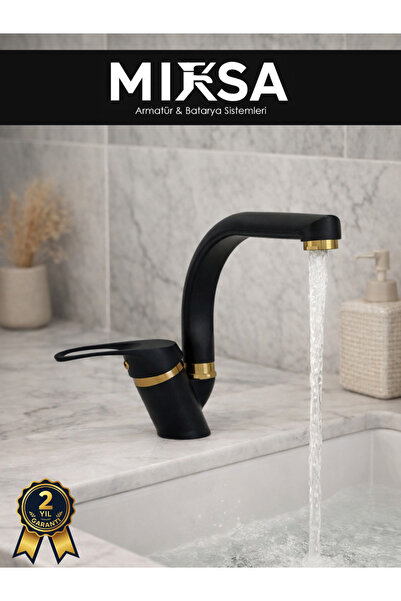 MİXSA Lüx Siyah-Gold Balıksırtı Borulu Banyo Lavabo Bataryası, Musluğu, Çift ...