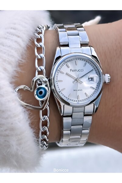 Ferrucci Small Case, with Calendar, Silver Steel Band,Women Wristwatch+Bracelet