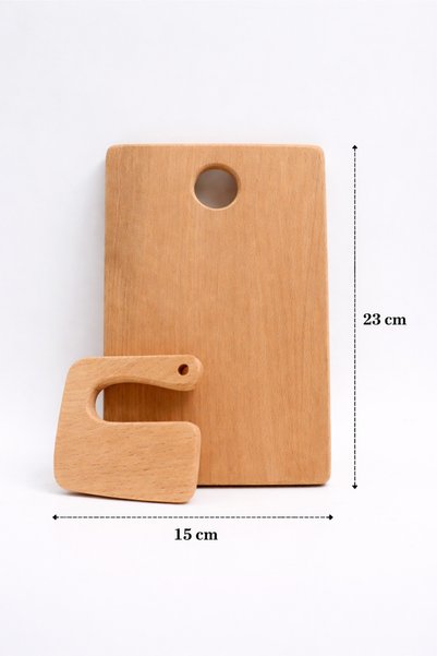 Üreet Beech Wood Children's Cutting Board and Safe Wooden Knife Set |   23×15 cm |   Montessori Kitchen Set