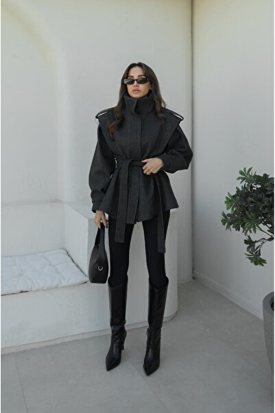 Havoş Anthracite Jaye Padded Short Cashmere Coat