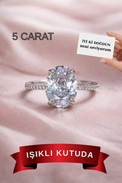 CARAT STONE 5 CARAT Işıklı kutuda kadın oval gümüş yüzük (pırlanta Işıltılı)