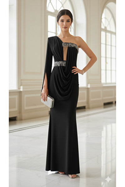 Robes Kadın Tek Omuz Gümüş Boncuk İşlemeli Dekolteli Drapeli Balık Abiye Gece Elbisesi