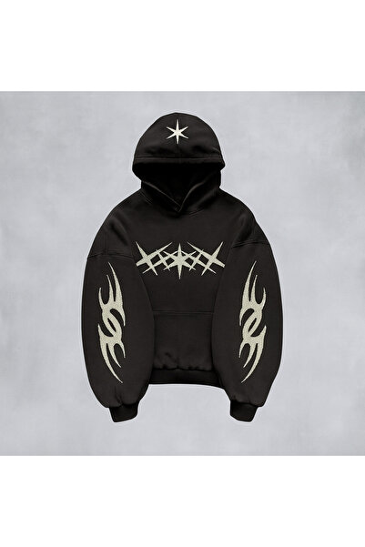 CLASSY.MODA Unisex oversized με κουκούλα Tribal Sleeve Detailed Star με τύπωμ...