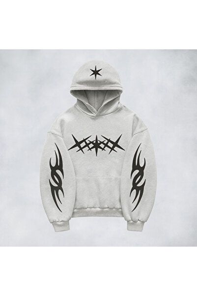 CLASSY.MODA Unisex oversized με κουκούλα Tribal Sleeve Detailed Star με τύπωμ...