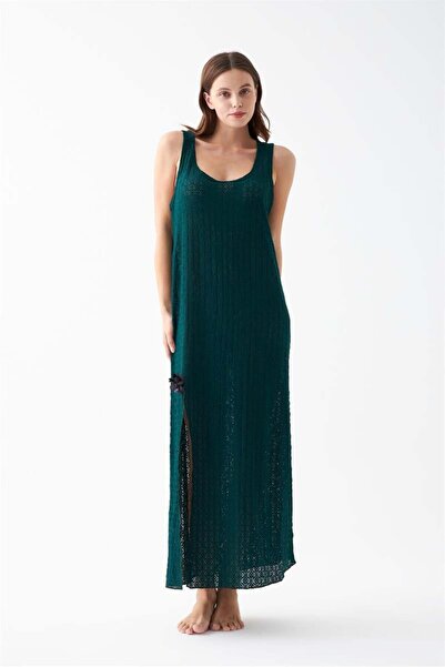 modaserdem Akbeniz Women's Emerald Green Lace Textured Slit Long Nightgown