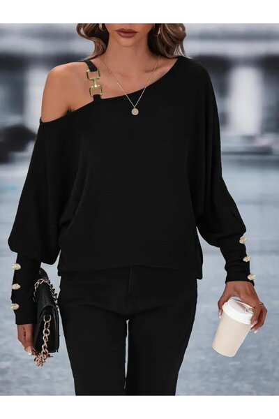 Femella Women Fashion Women's Long Sleeve One Shoulder Open Strap Detail Waffle Blouse