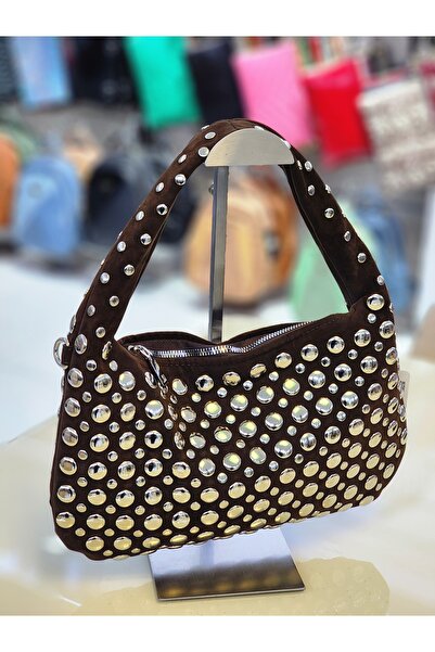 OUEEN ELİZABETH Small Size''Trok'' Staple-Detail Casual Model Nubuck Women's Hand-And-Shoulder Bag