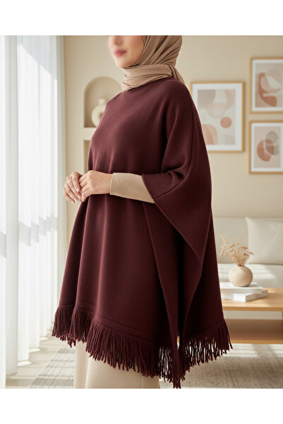 Modamorfo Tassel Detailed Knitwear Poncho -Burgundy