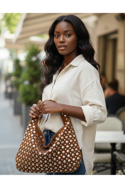 OUEEN ELİZABETH Large Size''Trok'' Casual Model with Staple Detail Nubuck Women's Shoulder Bag