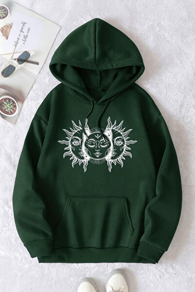 CLASSY.MODA Hanorac unisex cu 3 fire K cu glugă Kangaroo Pocket Sun and Moon ...