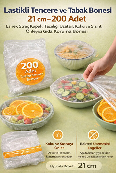 Hane Dostu Lastikli Tencere ve Tabak Bonesi 21 cm – 200 Adet | Esnek Streç, T...
