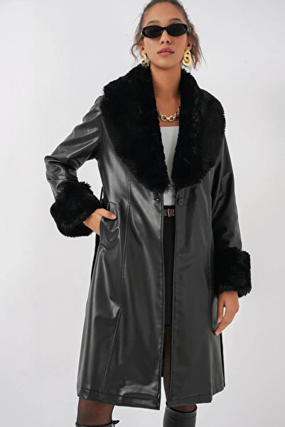 nedo7 1045 Fur Faux Leather Coat - Black