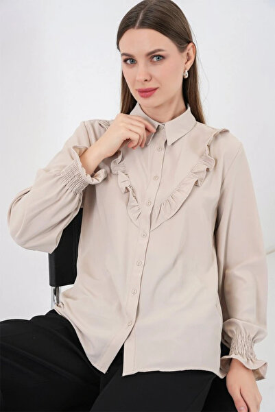 nedo7 20223 Ruffled Long Sleeve Shirt - Stone