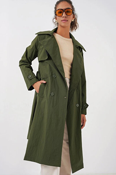 nedo7 5938 Double Breasted Lapel Trench Coat - Khaki