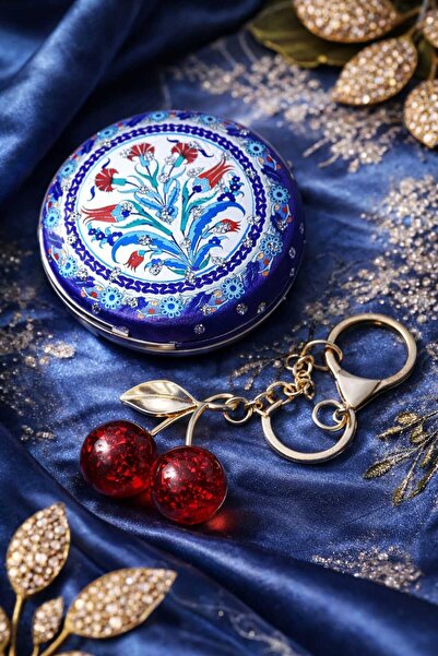Şirin Mavi Otantik Motifli Taşlı Ayna & Kristal Kiraz Anahtarlık İkili Hediye...