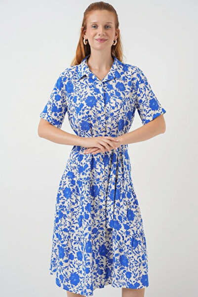 nedo7 Short Sleeve Patterned Dress 2560 - Cobalt