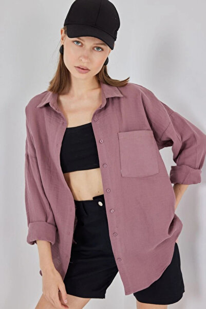 nedo7 قميص موسلين بجيب واحد قصة فضفاضة 20353 - أرجواني غامق