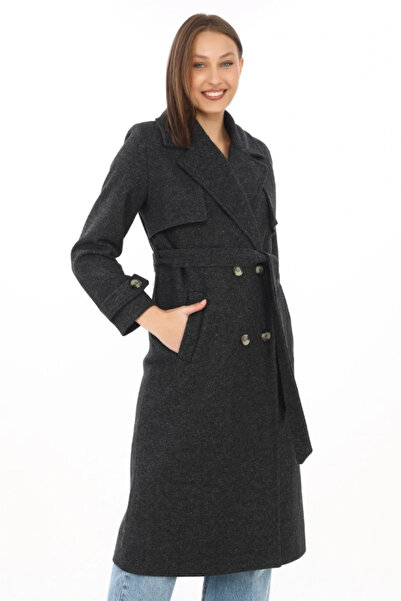 nedo7 Premium Cashmere Coat Long Length, Herringbone Wool Cashmere Weave, Double-Breasted Belted Lined - Black