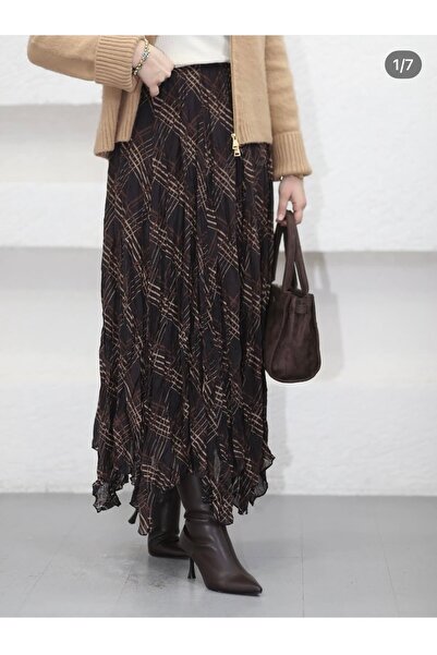 Miss Nisa Uzun Kahverengi Asimetrik Kesim Kırışık Şifon Etek