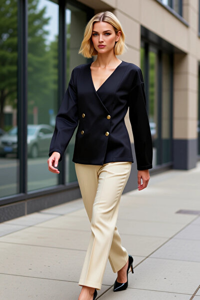 BENERLY Women's V-Neck Long Sleeve Solid Pattern Double-Breasted Closure Scub...