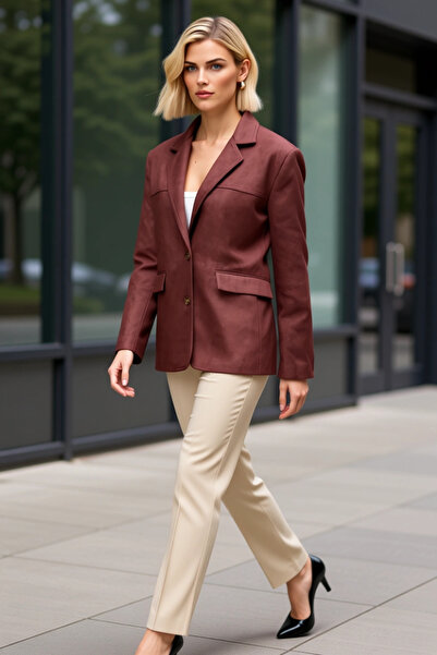 BENERLY Women's Jacket Collar Long Sleeve Plain Pattern Woven Suede Fit Regul...