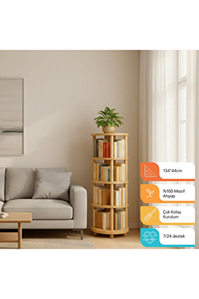 FIRUHOMEDESIGN Modern Döner Kitaplık | Yuvarlak Ahşap Raf | Minimalist Kitaplık | Meşe Ceviz Seçenekli