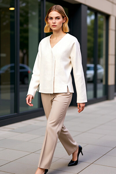 BENERLY Women's V-Neck Standard Sleeve Plain Pattern Tweed Jacket Functional ...