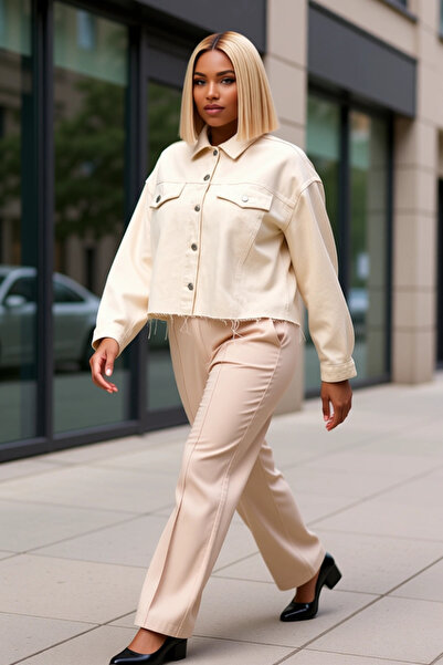 BENERLY Women Shirt Collar Low Sleeve Oversized Crop 100% Cotton Denim Jacket...