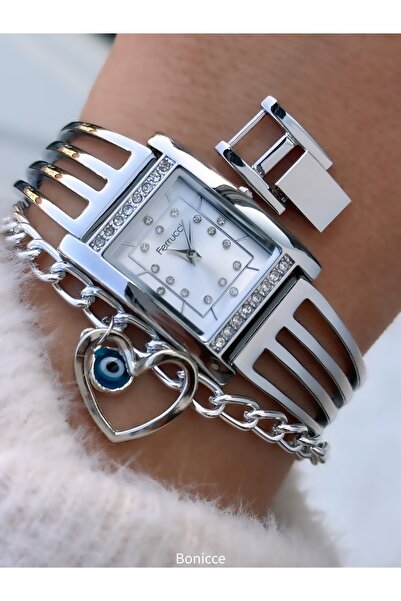 Ferrucci ساعة يد نسائية + سوار - موديل كابل (وصل حديثًا) مع حافظة حجرية، سوار فولاذي فضي اللون