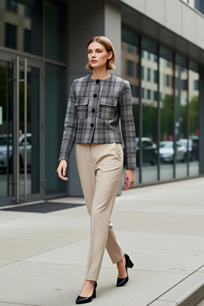 BENERLY Women's Fitted Fit Crew Neck Long Sleeve Plaid Pattern Cashmere Jacke...