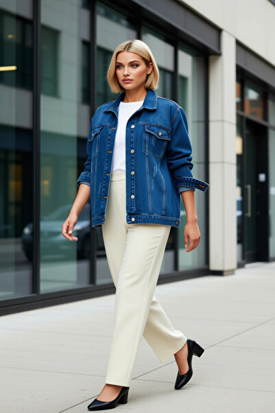 BENERLY Women Shirt Collar Low Sleeve Pocket Detail 100% Cotton Denim Jacket ...