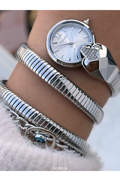 Ferrucci Round Head Stone Snake Watch,Silver Steel Band Women Wristwatch + Bracelet