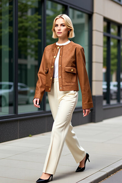 BENERLY Kadın Bisiklet Yaka Uzun Kol Düz Desenli Crop Ceket Fonksiyonel Dayan...