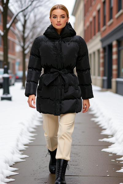 BENERLY Women's Hooded Belted Water Repellent Midi Puffer Coat Long Sleeve Fu...