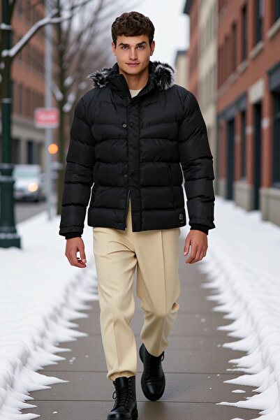 BENERLY Men's Hooded Long Sleeve Standard Fit Plain Pattern Puffer Coat Funct...