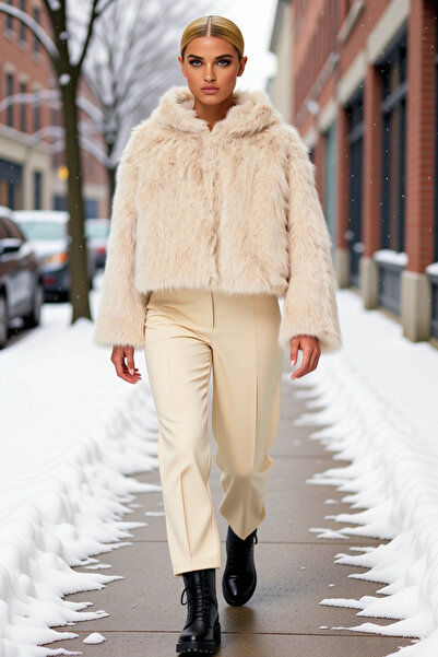 BENERLY Women's Hooded Low Arm Long Arm Thick Woven Faux Fur Functional Durab...