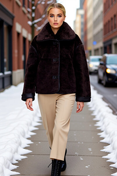 BENERLY Women's Low Arm V-Neck Faux Faux Fur Coat Functional Durable Quality ...